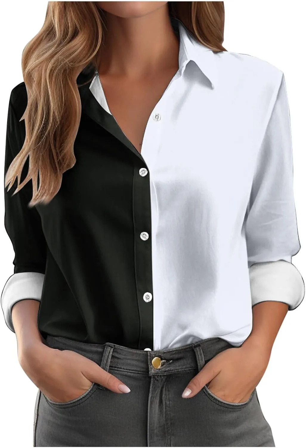 Womens Button Down Casual Shirts Color Block Striped Blouse Tops Long Sleeve Collar Shirt Dressy Work Outfits Clothing