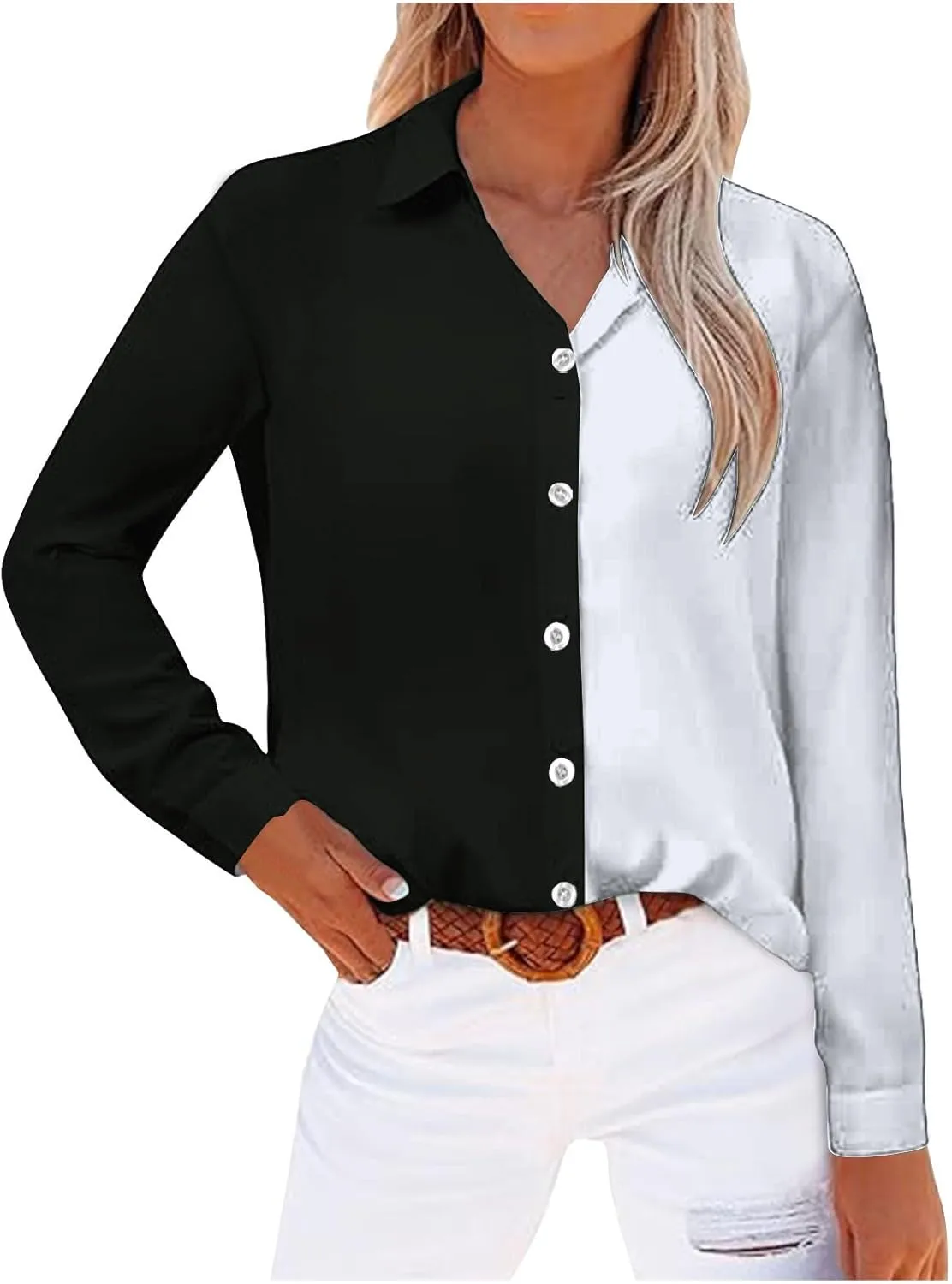 Womens Button Down Casual Shirts Color Block Striped Blouse Tops Long Sleeve Collar Shirt Dressy Work Outfits Clothing
