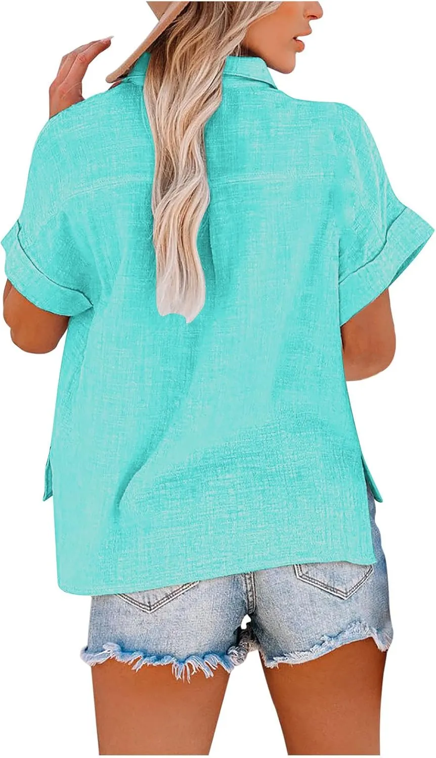 Womens Button Down Cotton Linen Shirts V Neck Roll Up Short Sleeve Blouses Loose Collared Shirt Summer Casual Tops
