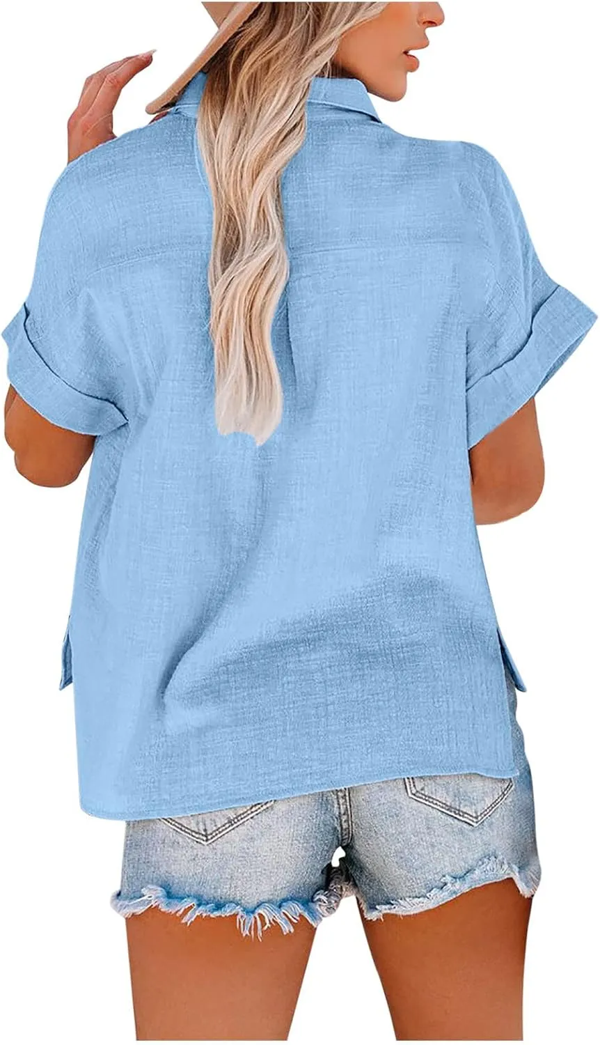 Womens Button Down Cotton Linen Shirts V Neck Roll Up Short Sleeve Blouses Loose Collared Shirt Summer Casual Tops