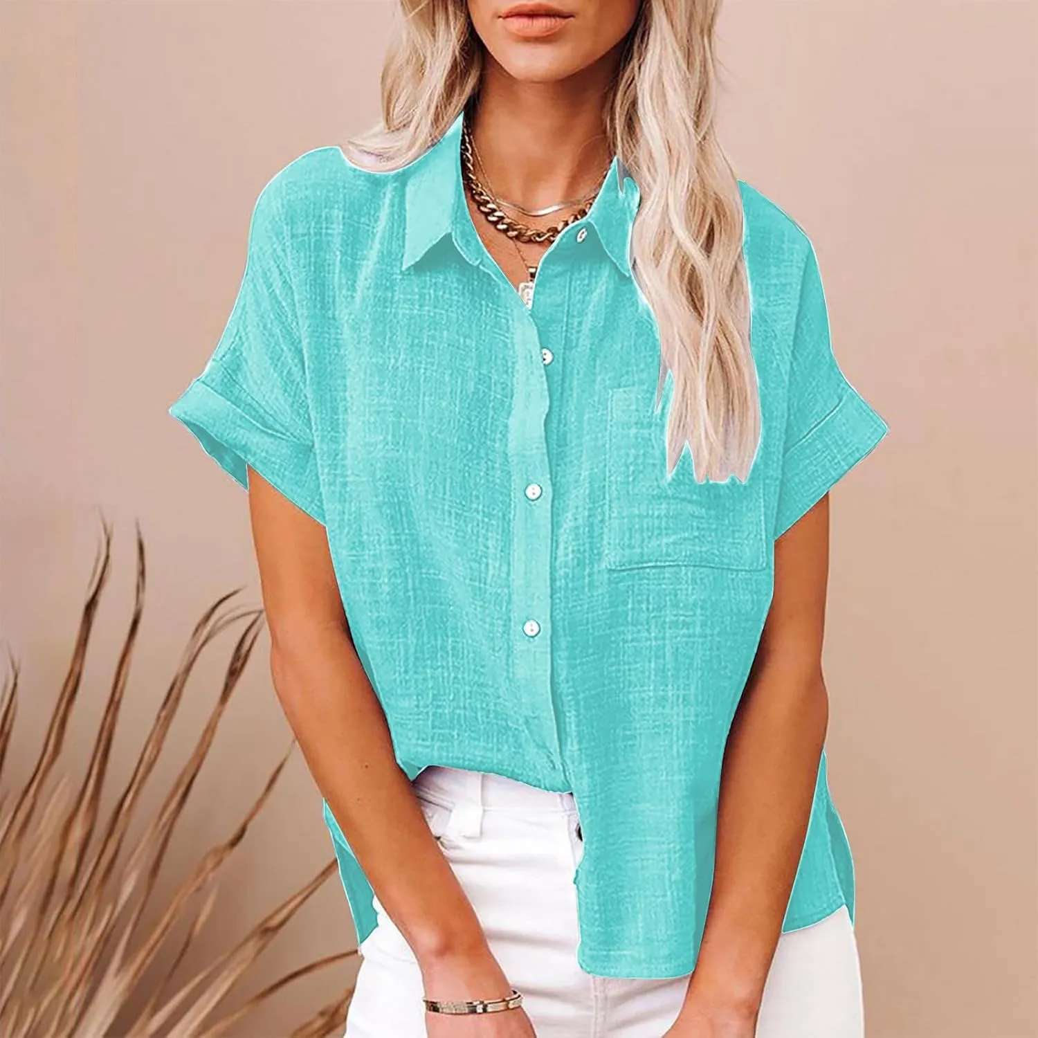 Womens Button Down Cotton Linen Shirts V Neck Roll Up Short Sleeve Blouses Loose Collared Shirt Summer Casual Tops