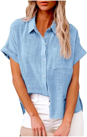 Womens Button Down Cotton Linen Shirts V Neck Roll Up Short Sleeve Blouses Loose Collared Shirt Summer Casual Tops