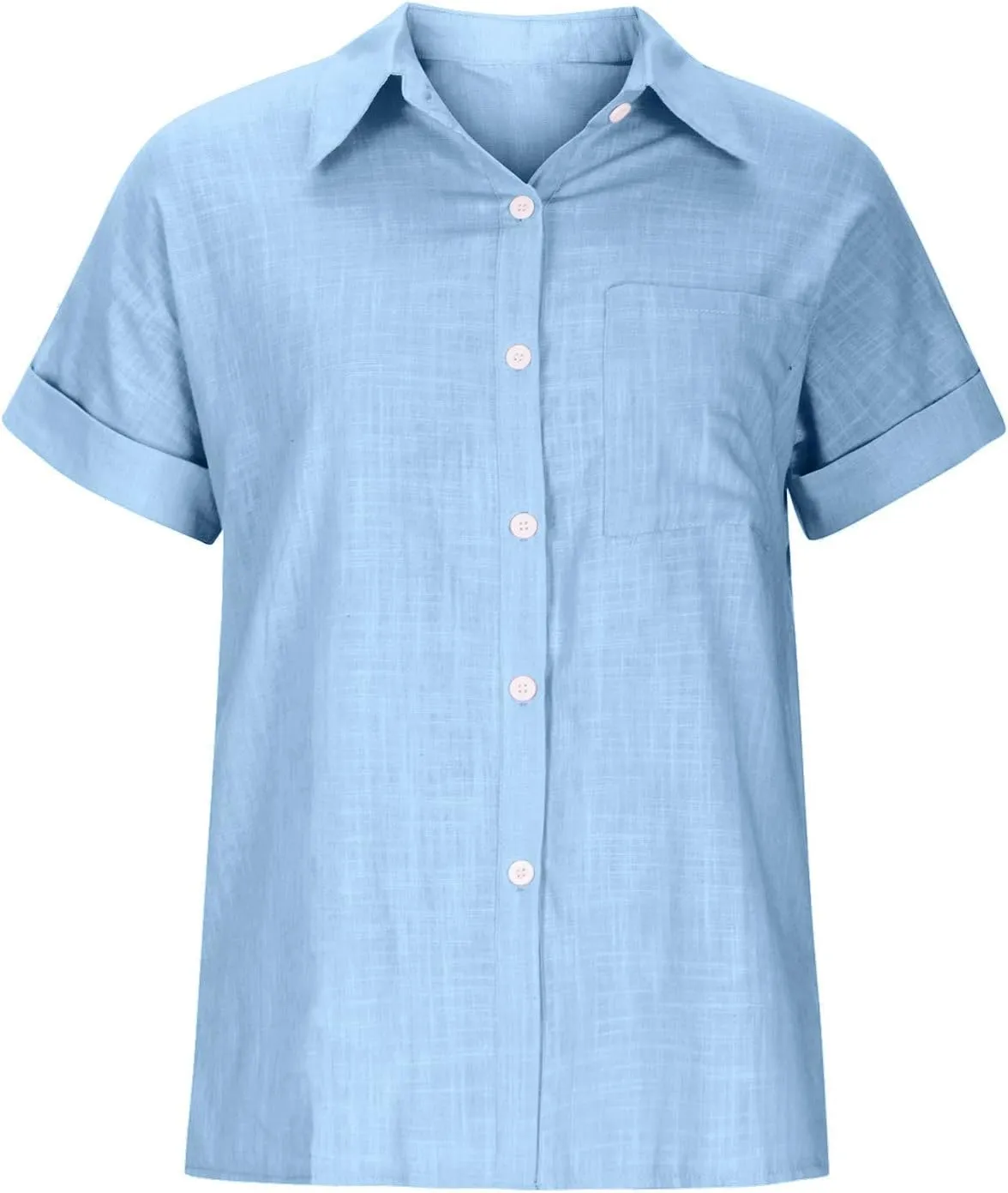 Womens Button Down Cotton Linen Shirts V Neck Roll Up Short Sleeve Blouses Loose Collared Shirt Summer Casual Tops