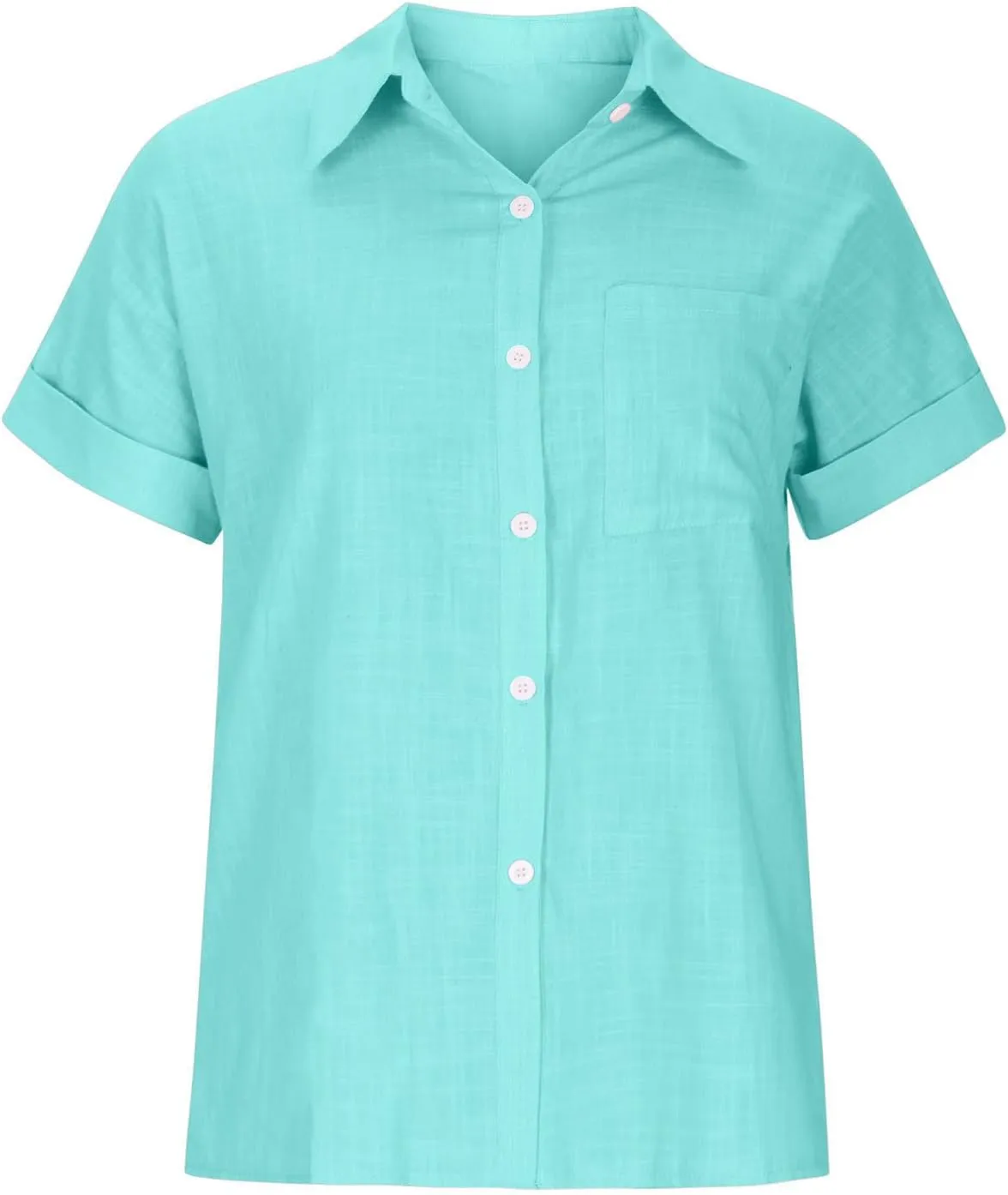 Womens Button Down Cotton Linen Shirts V Neck Roll Up Short Sleeve Blouses Loose Collared Shirt Summer Casual Tops