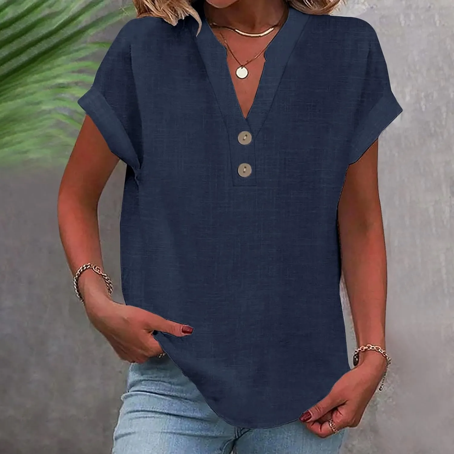Womens Button Down Linen Shirt Short Sleeve V Neck Shirts Solid Color Comfy Tops Summer Casual Dressy Tunic Top