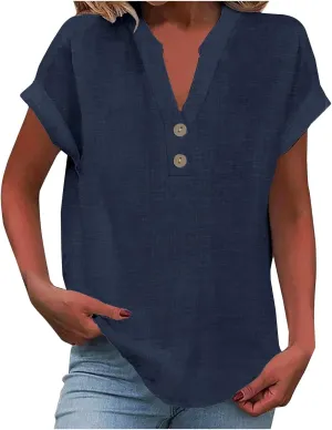 Womens Button Down Linen Shirt Short Sleeve V Neck Shirts Solid Color Comfy Tops Summer Casual Dressy Tunic Top