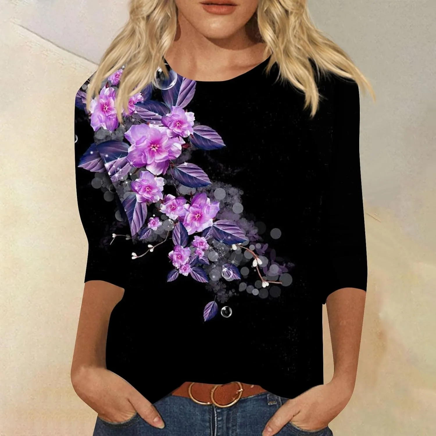 Women's Casual 3/4 Sleeve T-Shirts Round Neck Cute Tunic Tops Long Sleeve Comfort Lightweight Floral Print Tshirts