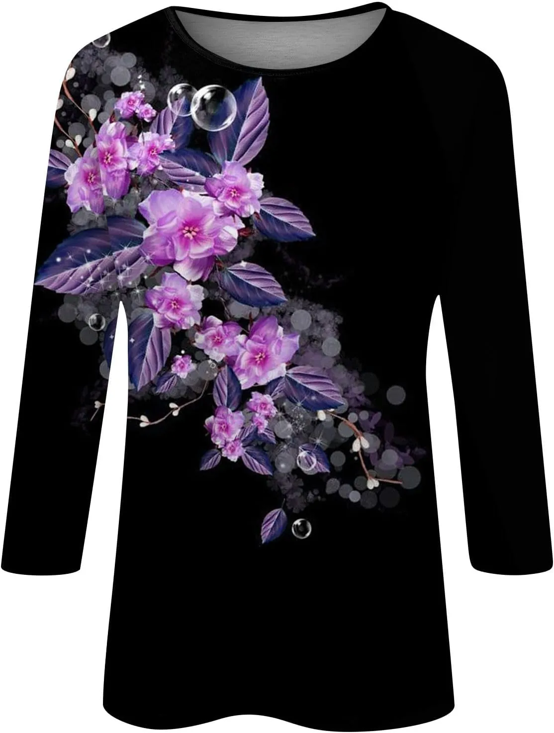 Women's Casual 3/4 Sleeve T-Shirts Round Neck Cute Tunic Tops Long Sleeve Comfort Lightweight Floral Print Tshirts