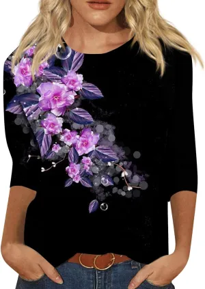 Women's Casual 3/4 Sleeve T-Shirts Round Neck Cute Tunic Tops Long Sleeve Comfort Lightweight Floral Print Tshirts