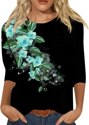 Women's Casual 3/4 Sleeve T-Shirts Round Neck Cute Tunic Tops Long Sleeve Comfort Lightweight Floral Print Tshirts