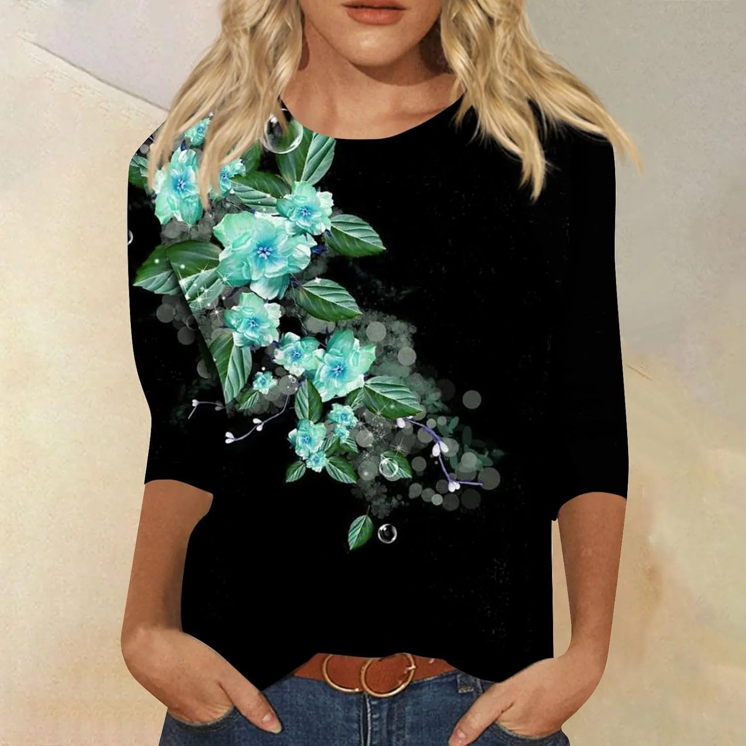 Women's Casual 3/4 Sleeve T-Shirts Round Neck Cute Tunic Tops Long Sleeve Comfort Lightweight Floral Print Tshirts