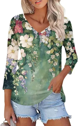 Womens Casual 3/4 Sleeve T-Shirts Sexy V Neck Loose Fit Tunic Tops Cute Basic Tees Blouses Pullover Tops