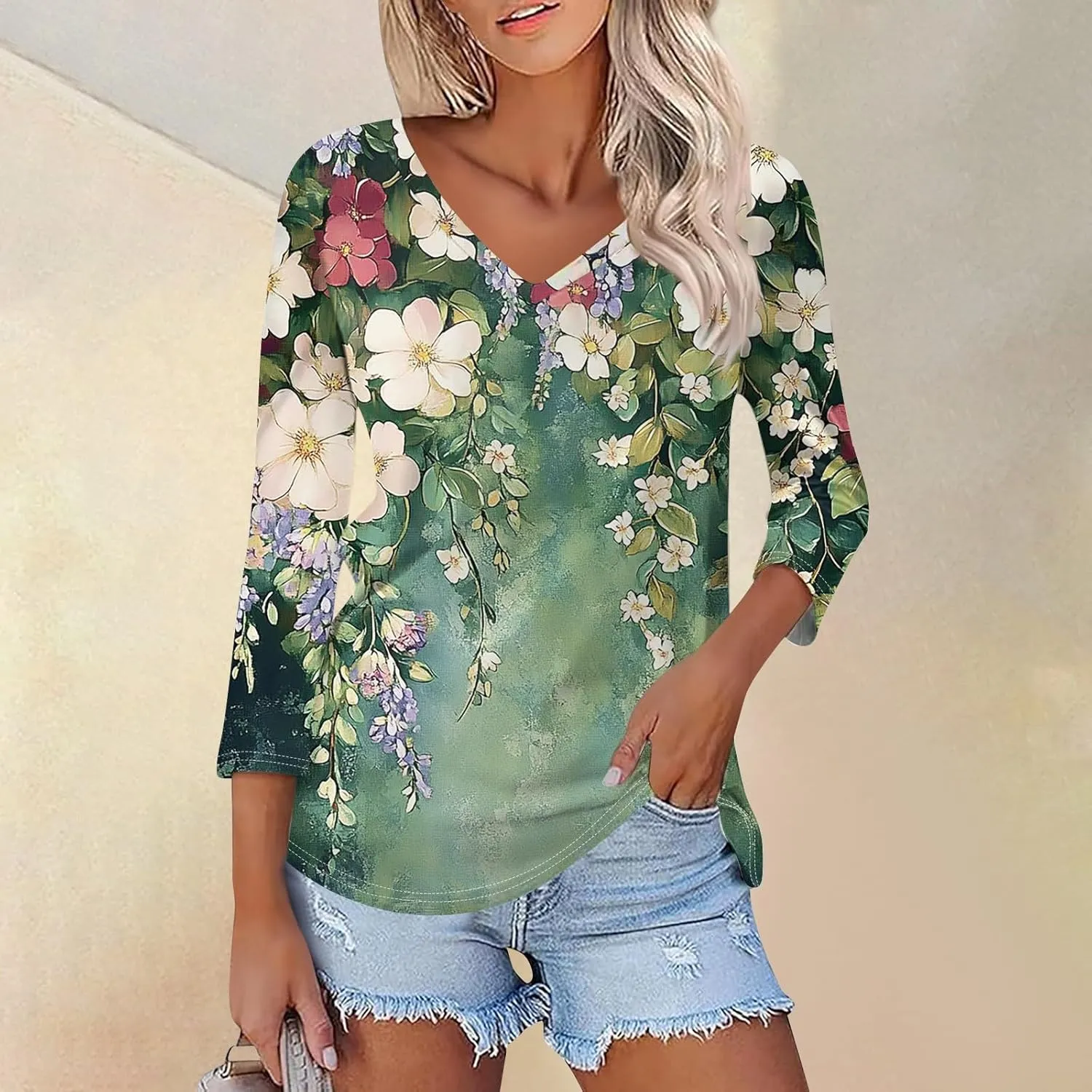 Womens Casual 3/4 Sleeve T-Shirts Sexy V Neck Loose Fit Tunic Tops Cute Basic Tees Blouses Pullover Tops