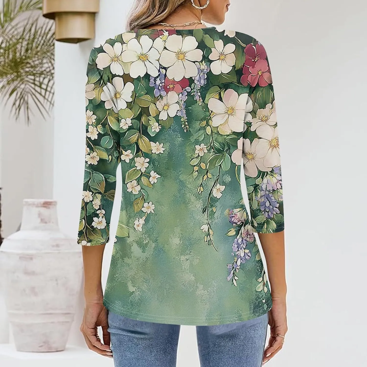 Womens Casual 3/4 Sleeve T-Shirts Sexy V Neck Loose Fit Tunic Tops Cute Basic Tees Blouses Pullover Tops