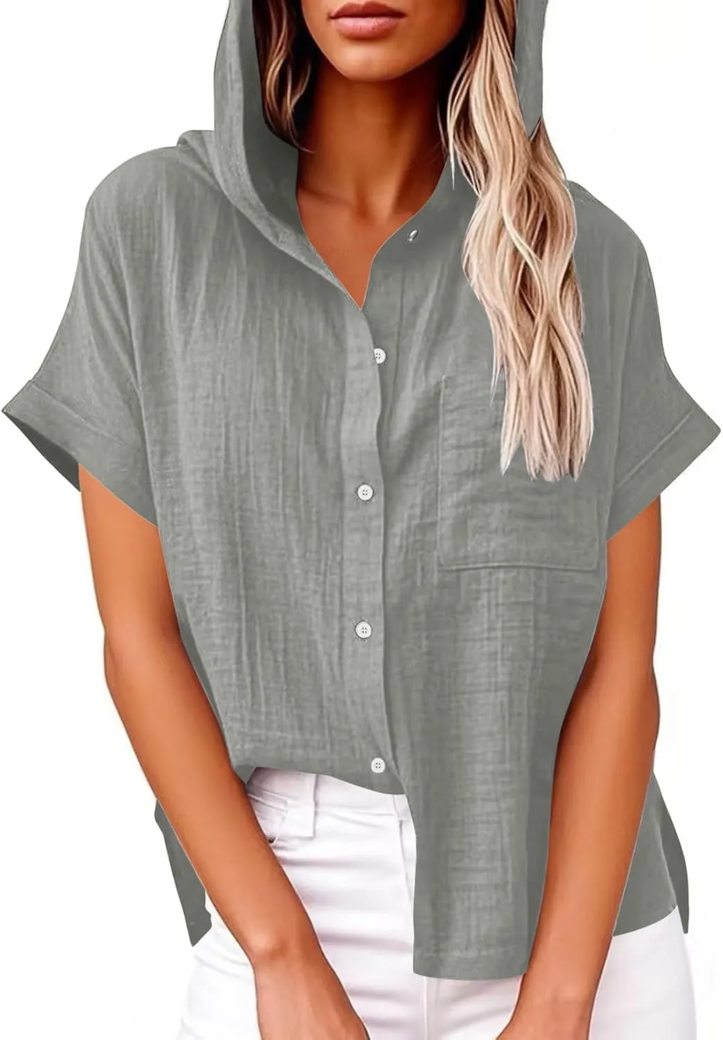 Womens Casual Button Down Short Sleeve Shirts Hooded Solid Summer Beach Blouses Tops with Hood