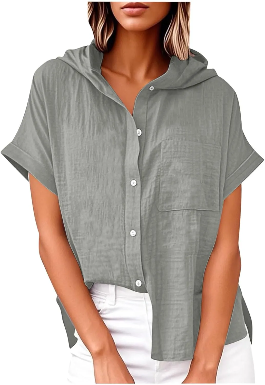 Womens Casual Button Down Short Sleeve Shirts Hooded Solid Summer Beach Blouses Tops with Hood