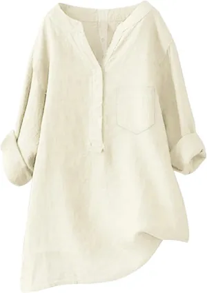 Womens Casual Button V Neck Short Sleeve Shirts Oversized Solid Cotton Linen Blouses Tops Ladies Tunics Tshirts
