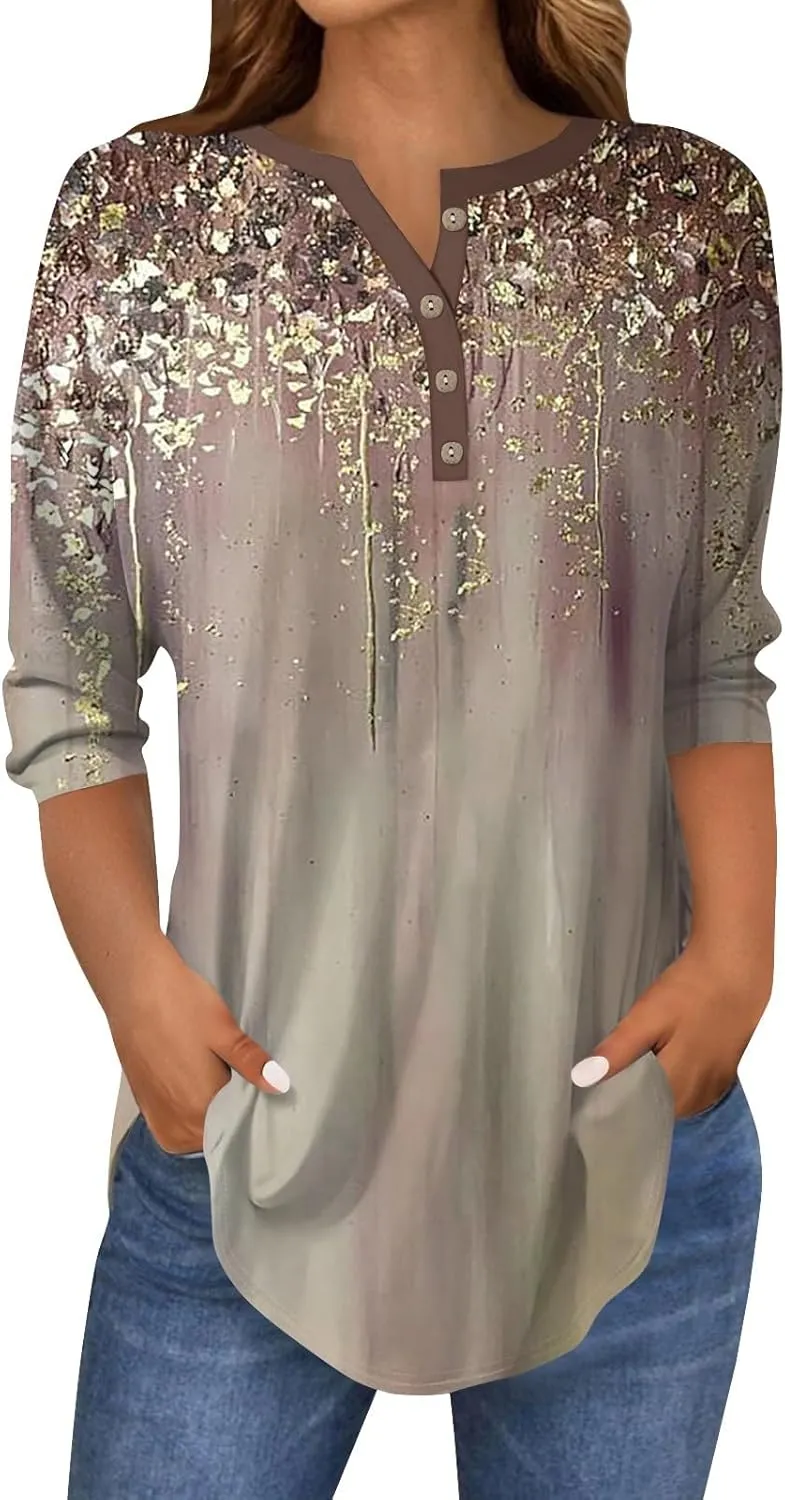 Women's Casual Floral Print Henley Blouse with 3/4 Sleeves, Button Front Loose Fit for Spring and Summer