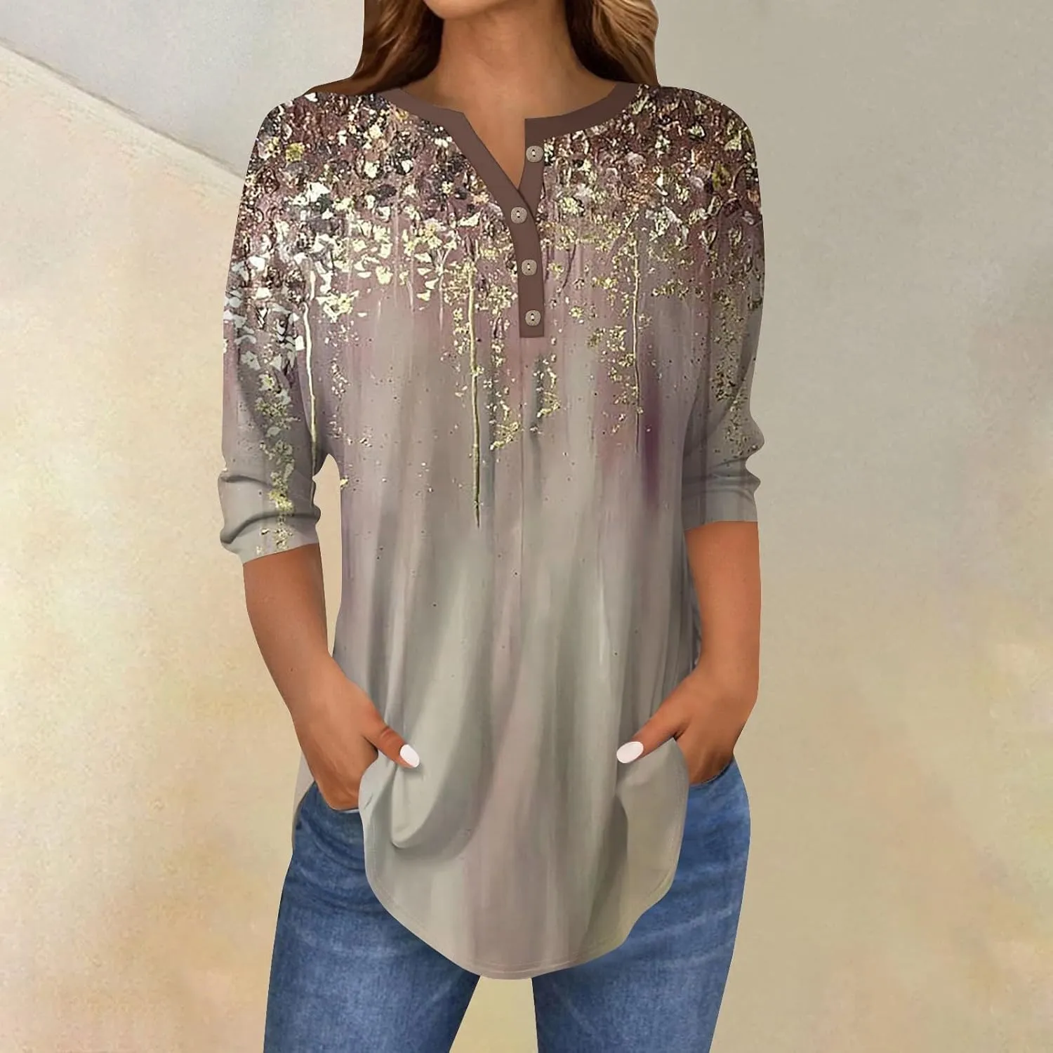 Women's Casual Floral Print Henley Blouse with 3/4 Sleeves, Button Front Loose Fit for Spring and Summer