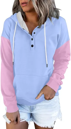 Women's Casual Oversized Hoodies Color Block Long Sleeve Sweatshirt Drawstring Hooded Large Pocket Pullover Top