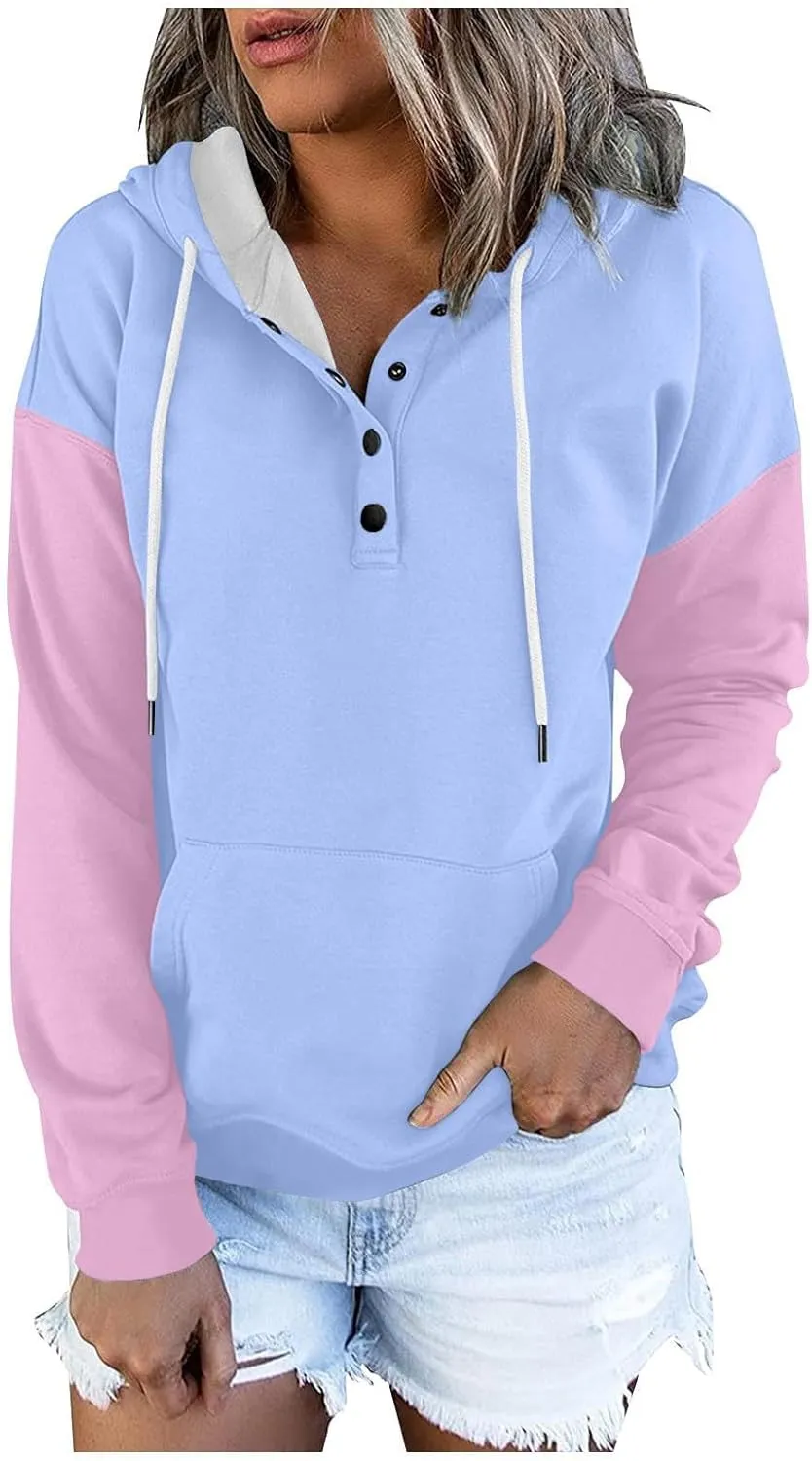 Women's Casual Oversized Hoodies Color Block Long Sleeve Sweatshirt Drawstring Hooded Large Pocket Pullover Top