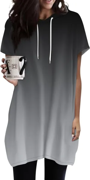 Women's Casual Summer Hoodies Short Sleeve Drawstring Hoodies Tops Front Pullover T-Shirts Tops