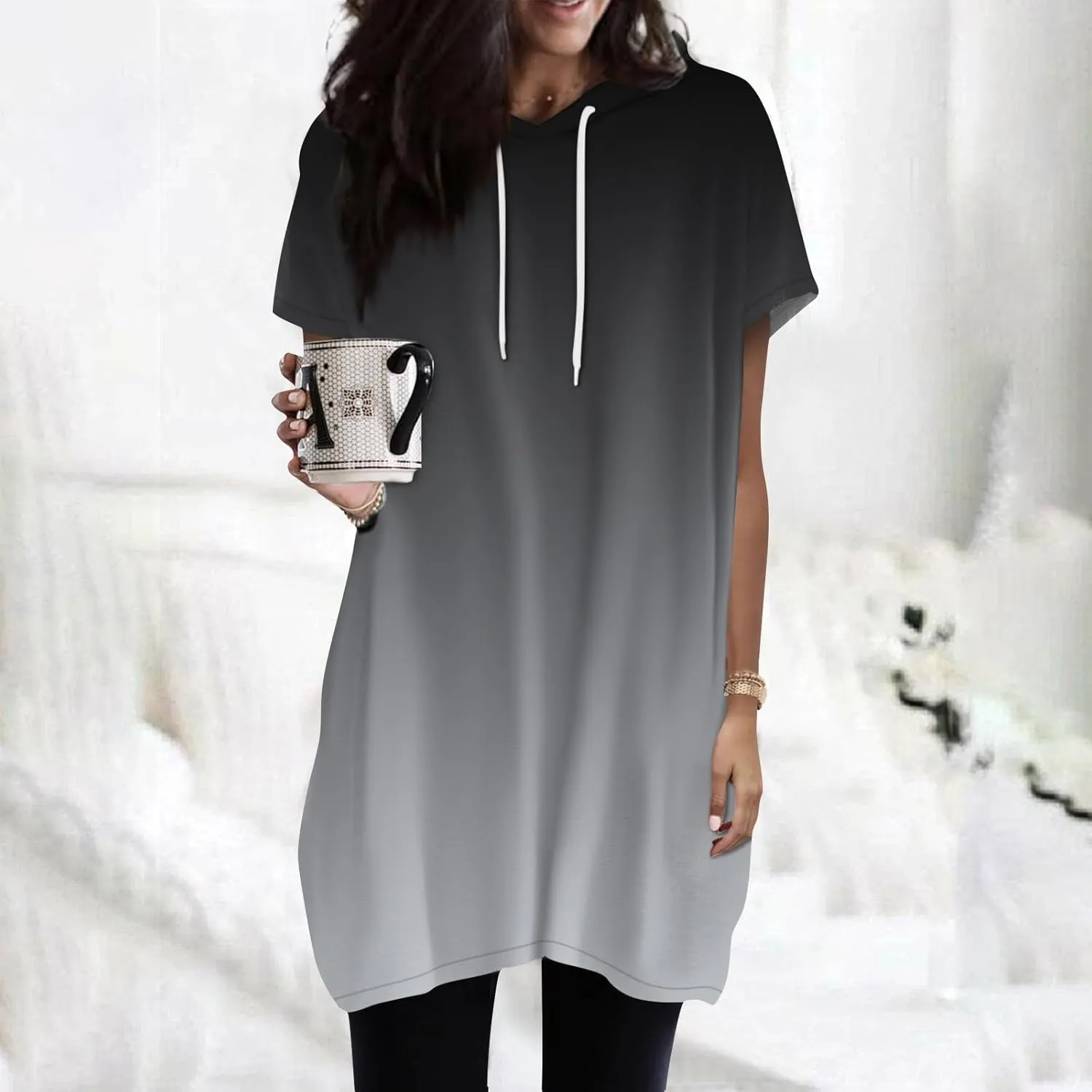 Women's Casual Summer Hoodies Short Sleeve Drawstring Hoodies Tops Front Pullover T-Shirts Tops