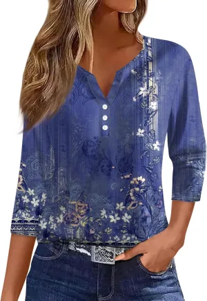 Women's Casual V-Neck 3/4 Length Sleeve Shirt Button Down Floral Print Blouse Tops Summer Fashion Outfit