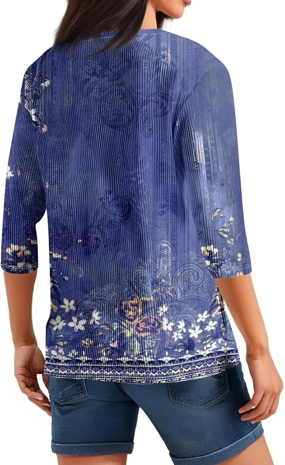 Women's Casual V-Neck 3/4 Length Sleeve Shirt Button Down Floral Print Blouse Tops Summer Fashion Outfit