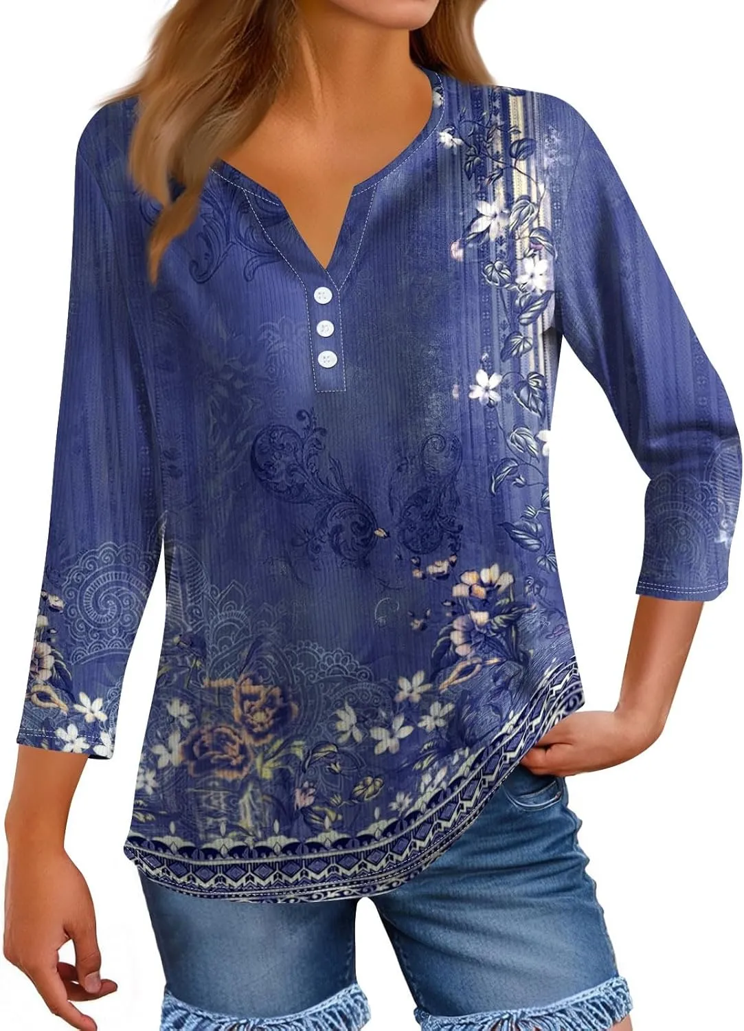 Women's Casual V-Neck 3/4 Length Sleeve Shirt Button Down Floral Print Blouse Tops Summer Fashion Outfit
