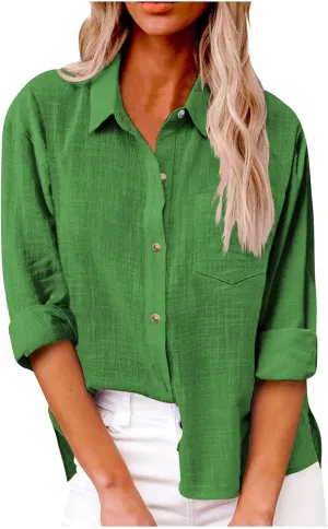 Womens Cotton Linen Button Down Shirt 2024 Spring Casual Long Sleeve Solid Color Shirts Loose Work Tops with Pockets