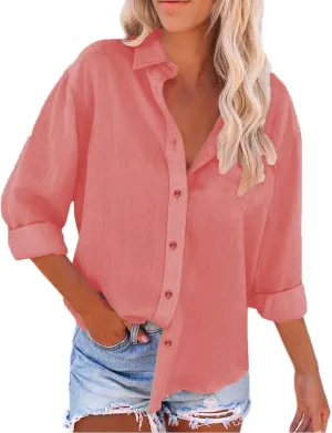 Women's Cotton Linen Cap Sleeve T-Shirt Womens Button Down Shirts 2024 Fall Casual Loose Half Button V Neck Tunic
