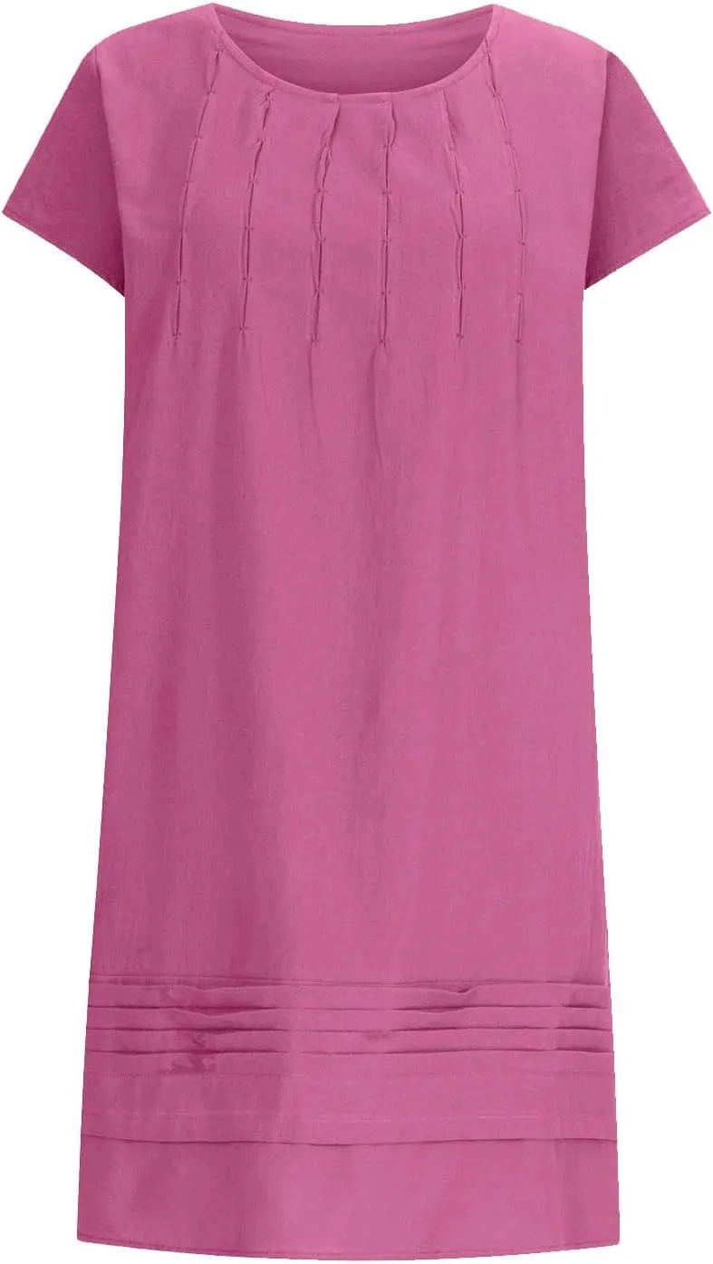 Women's Cotton Linen Midi Dress Plus Size Cap Sleeve Pleated Summer Dresses Vacation 2025 Crew Neck Casual Dress