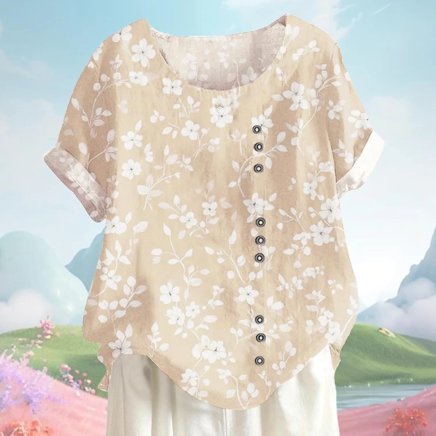 Women's Cotton Linen Tops Floral Short Sleeve Crewneck Boho Tunic Top Casual Loose Vacation T Shirt