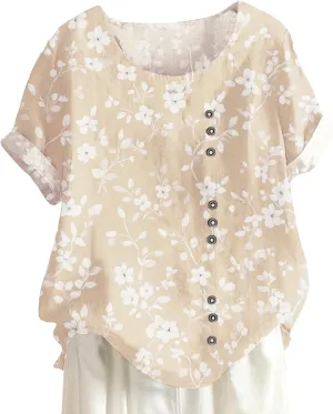 Women's Cotton Linen Tops Floral Short Sleeve Crewneck Boho Tunic Top Casual Loose Vacation T Shirt