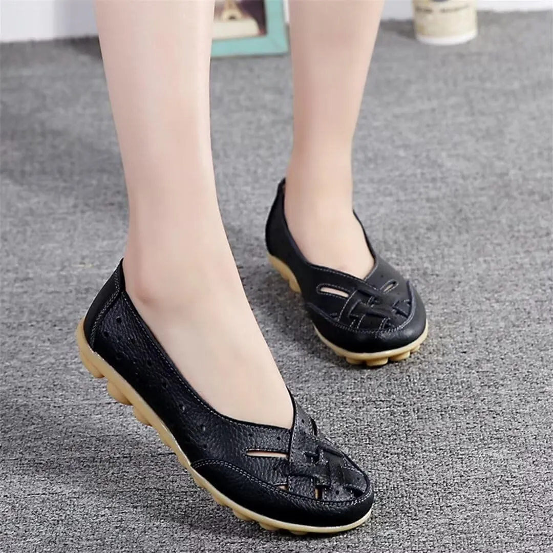Women's Cowhide Leather Shoes Loafers Flats Sandals Slip-On Cutout