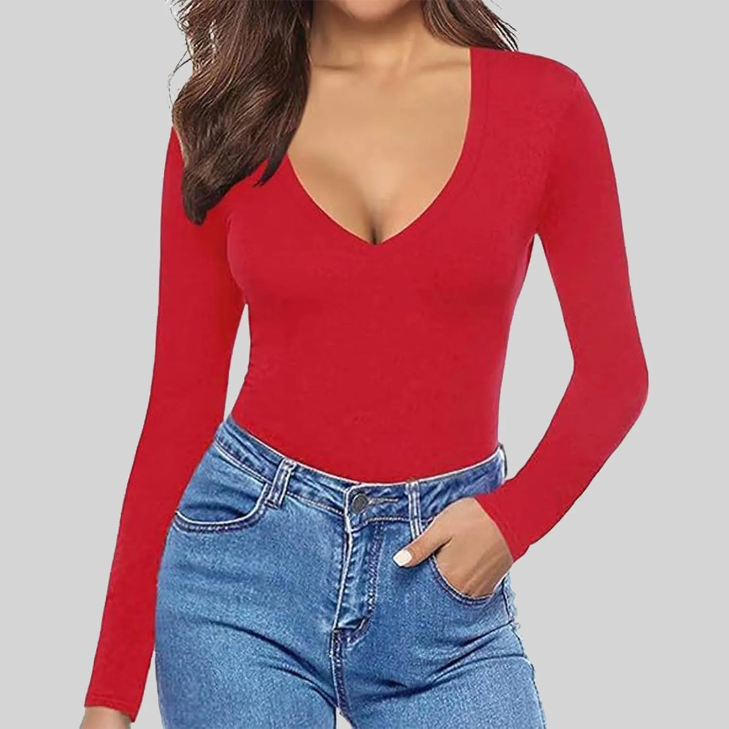 Womens Deep V-Neck Tops Sexy Slim Fit Long Sleeve Basic Tees Fall Solid Casual Lightweight Base Pullover Top T Shirt