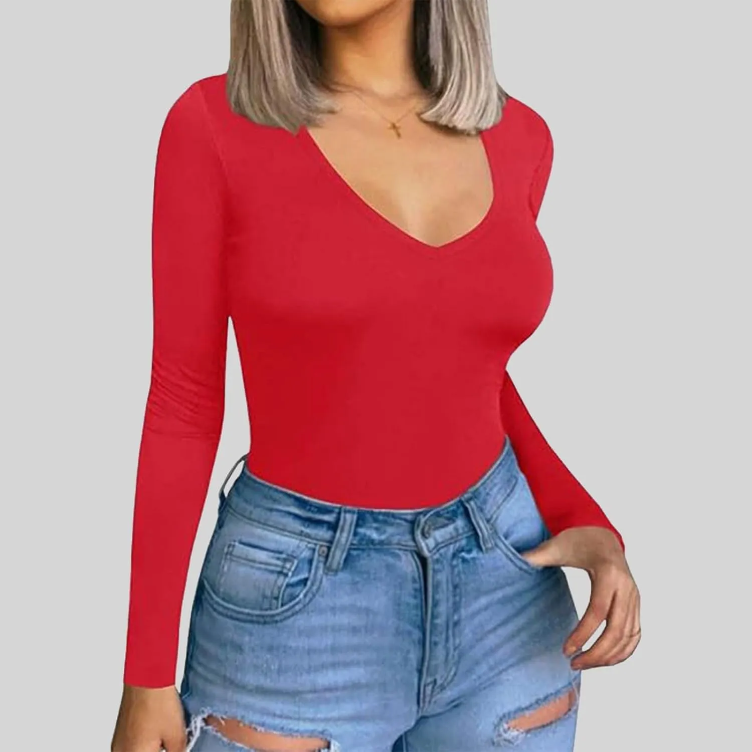 Womens Deep V-Neck Tops Sexy Slim Fit Long Sleeve Basic Tees Fall Solid Casual Lightweight Base Pullover Top T Shirt