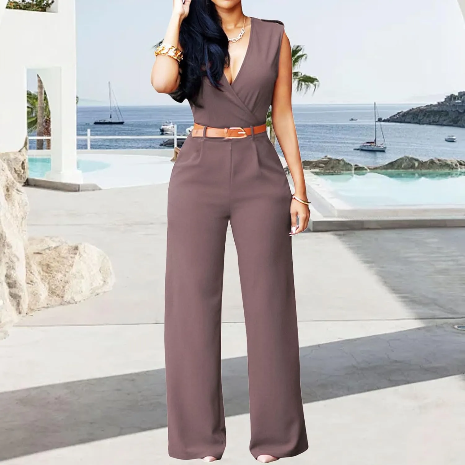 Womens Dressy Jumpsuit Split V Neck Sleeveless Wide Leg Long Pants Romper Overalls Casual Elegant Business Work Clothes