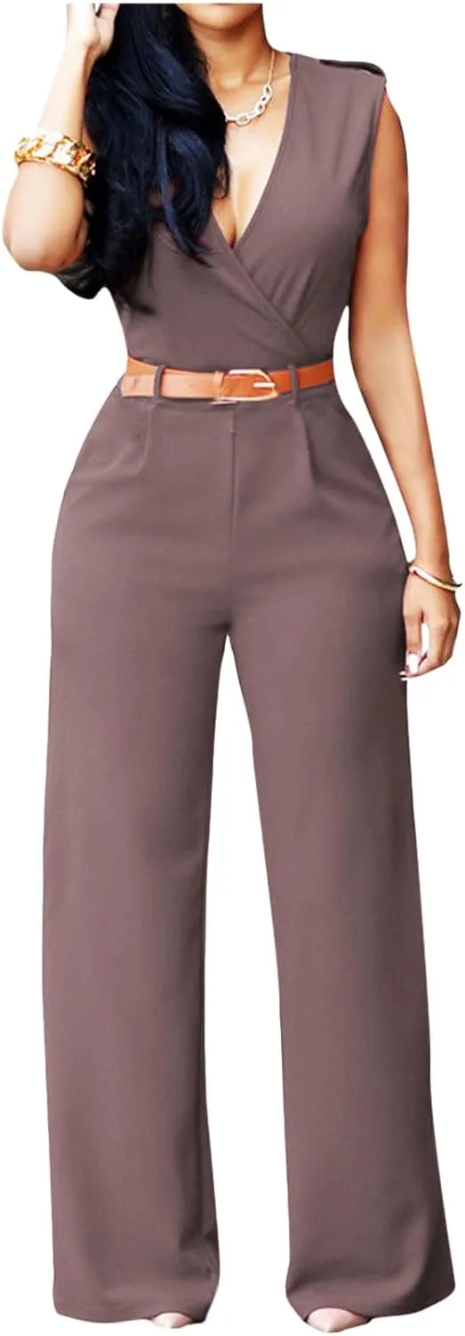 Womens Dressy Jumpsuit Split V Neck Sleeveless Wide Leg Long Pants Romper Overalls Casual Elegant Business Work Clothes