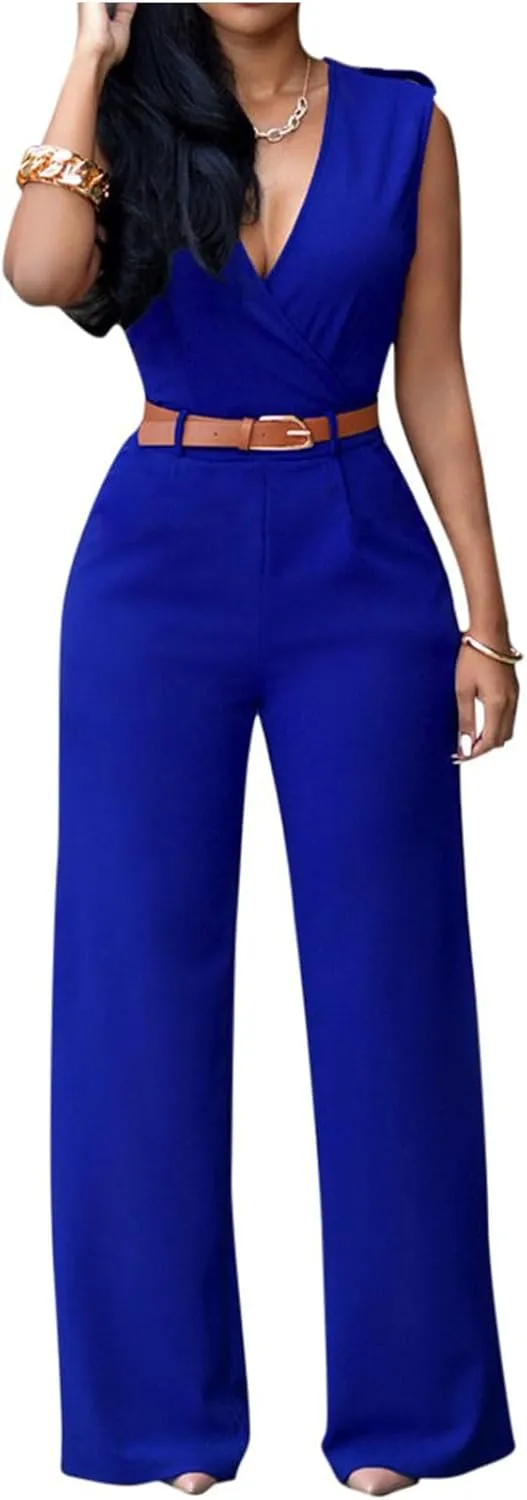 Womens Dressy Jumpsuit Split V Neck Sleeveless Wide Leg Long Pants Romper Overalls Casual Elegant Business Work Clothes