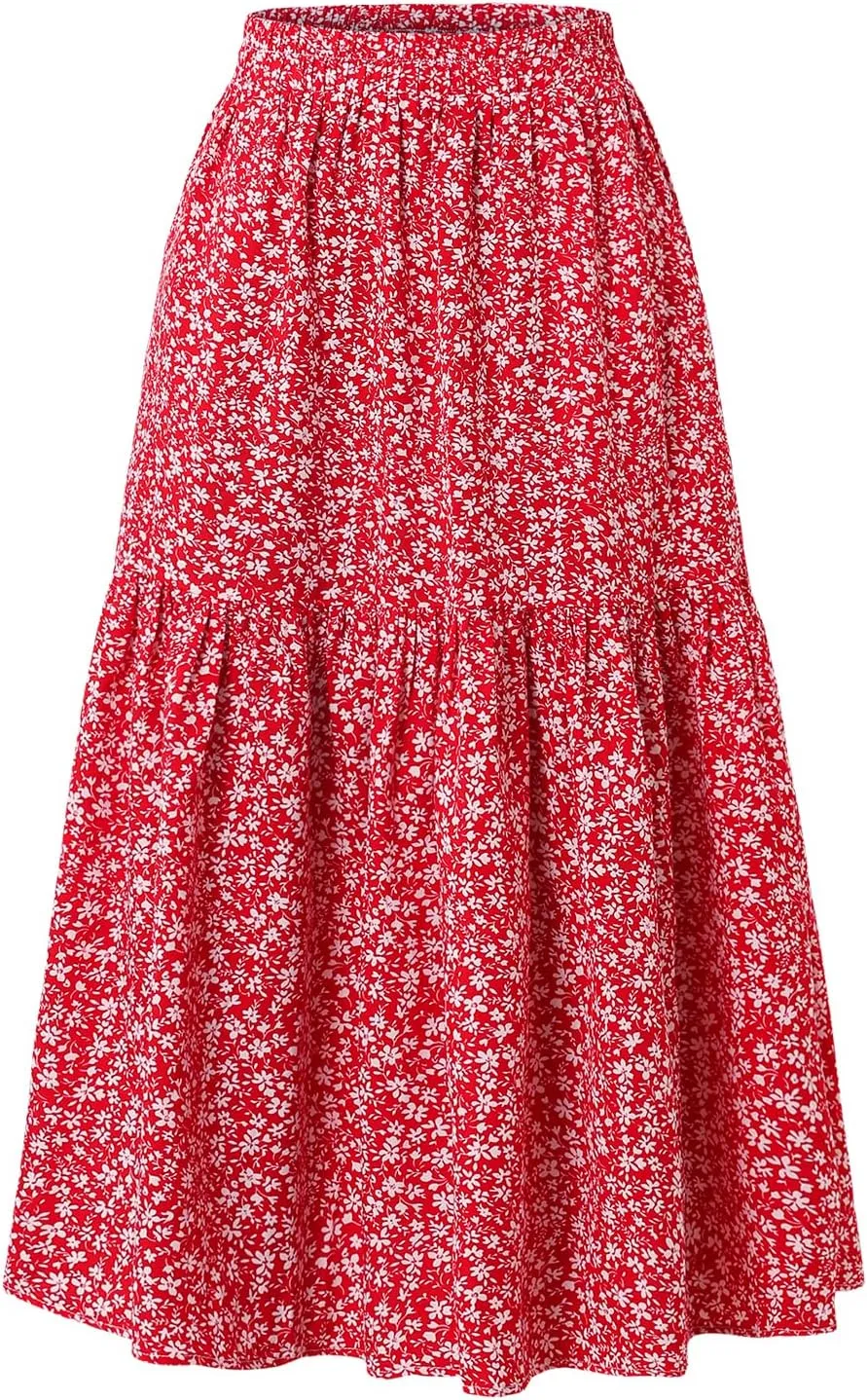 Women's Elastic Waist MIDI Skirt Spring Summer Autumn Floral Skirt Pleated A-line Skirt