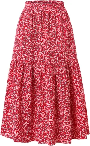 Women's Elastic Waist MIDI Skirt Spring Summer Autumn Floral Skirt Pleated A-line Skirt