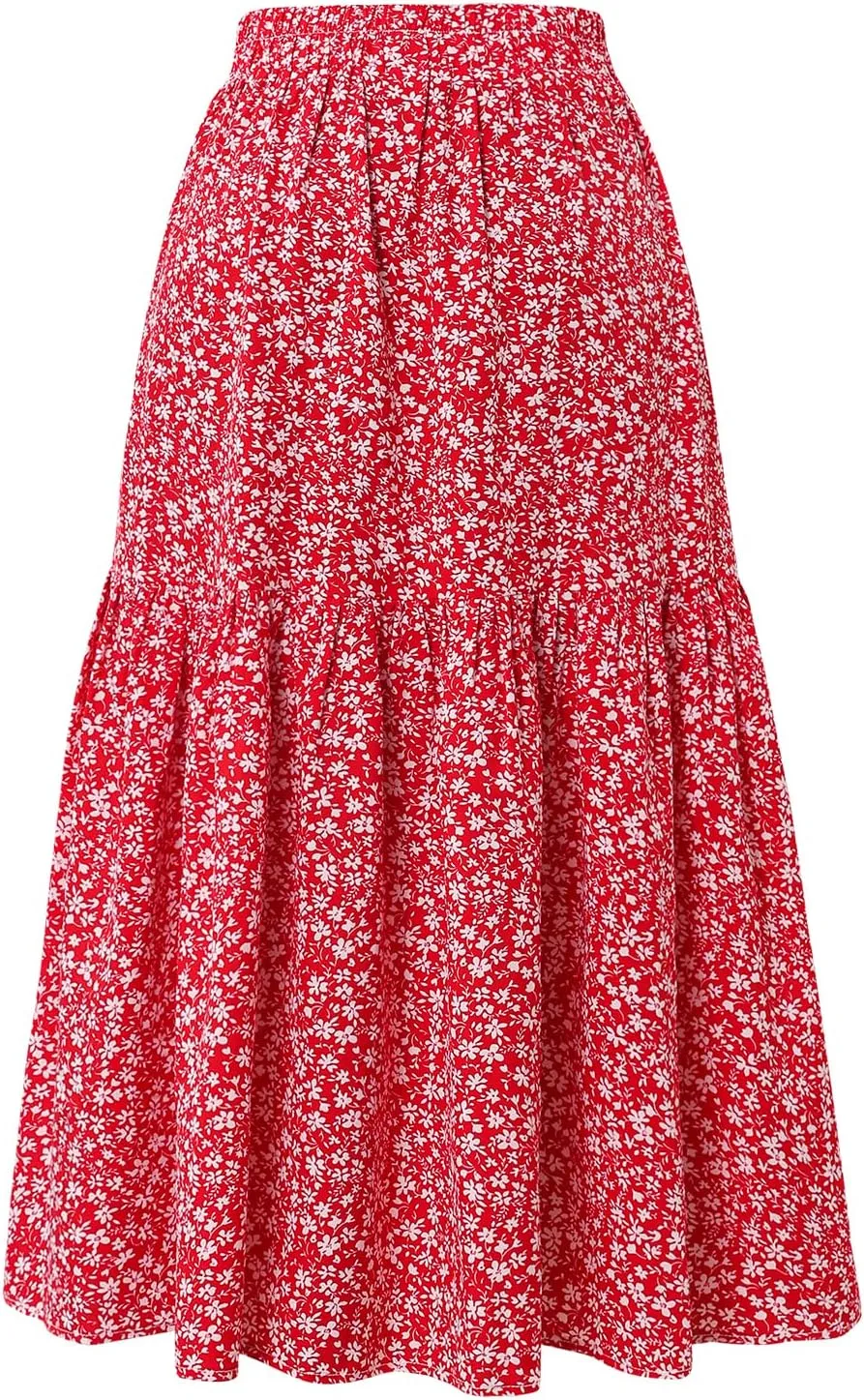 Women's Elastic Waist MIDI Skirt Spring Summer Autumn Floral Skirt Pleated A-line Skirt