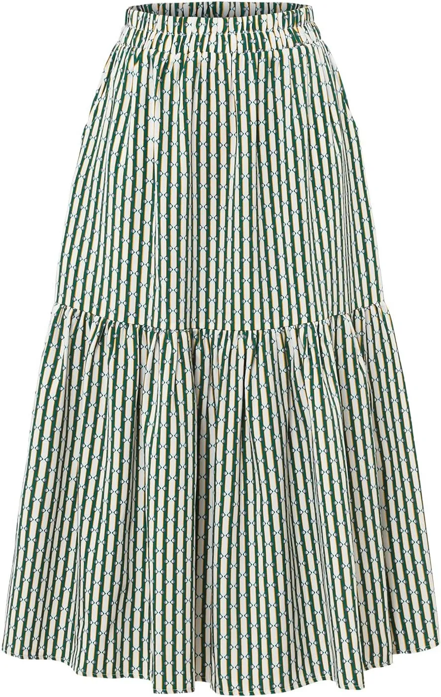 Women's Elastic Waist Skirt Spring Summer Autumn Striped Plaid Skirt Pleated MIDI Skirt