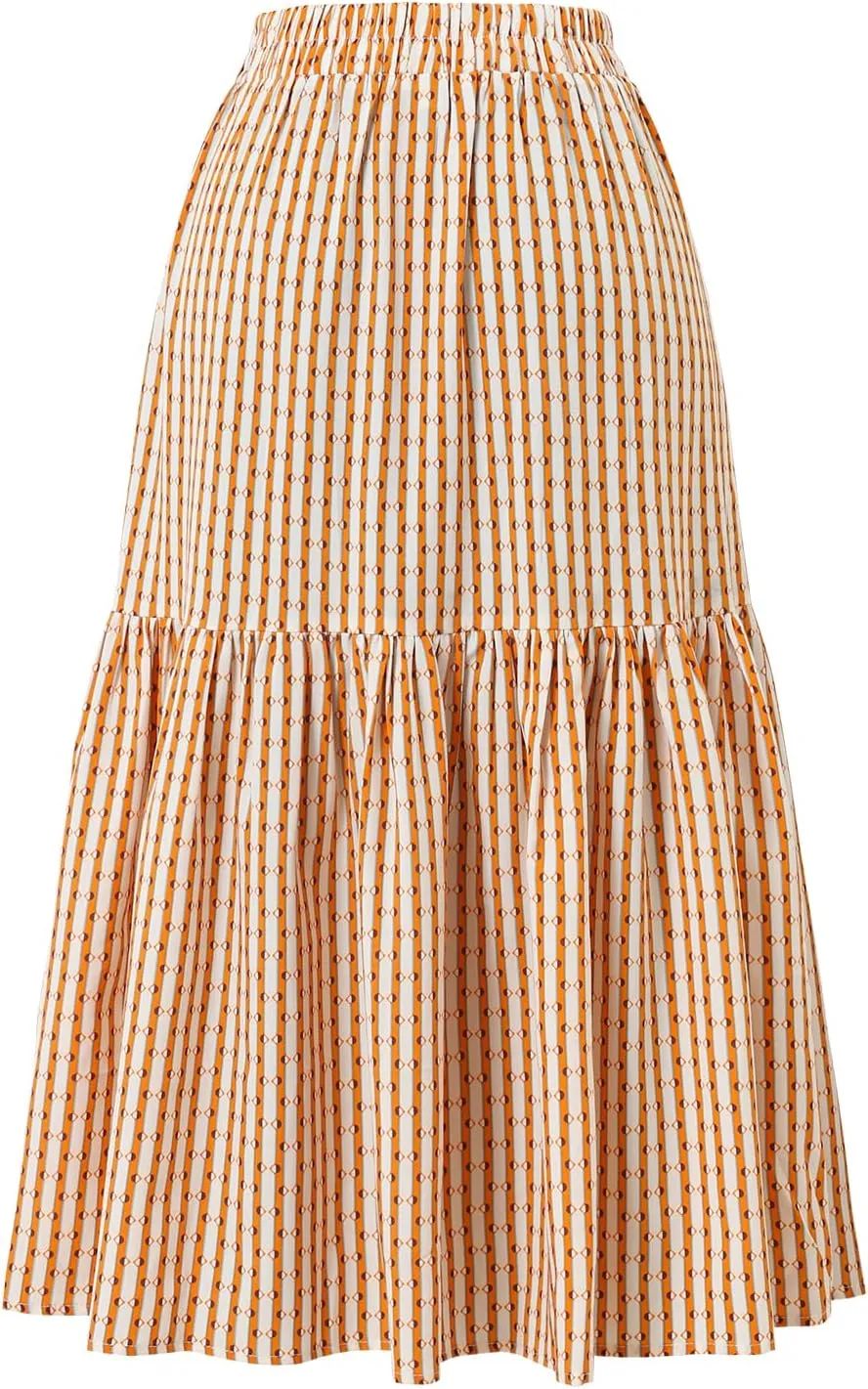 Women's Elastic Waist Skirt Spring Summer Autumn Striped Plaid Skirt Pleated MIDI Skirt