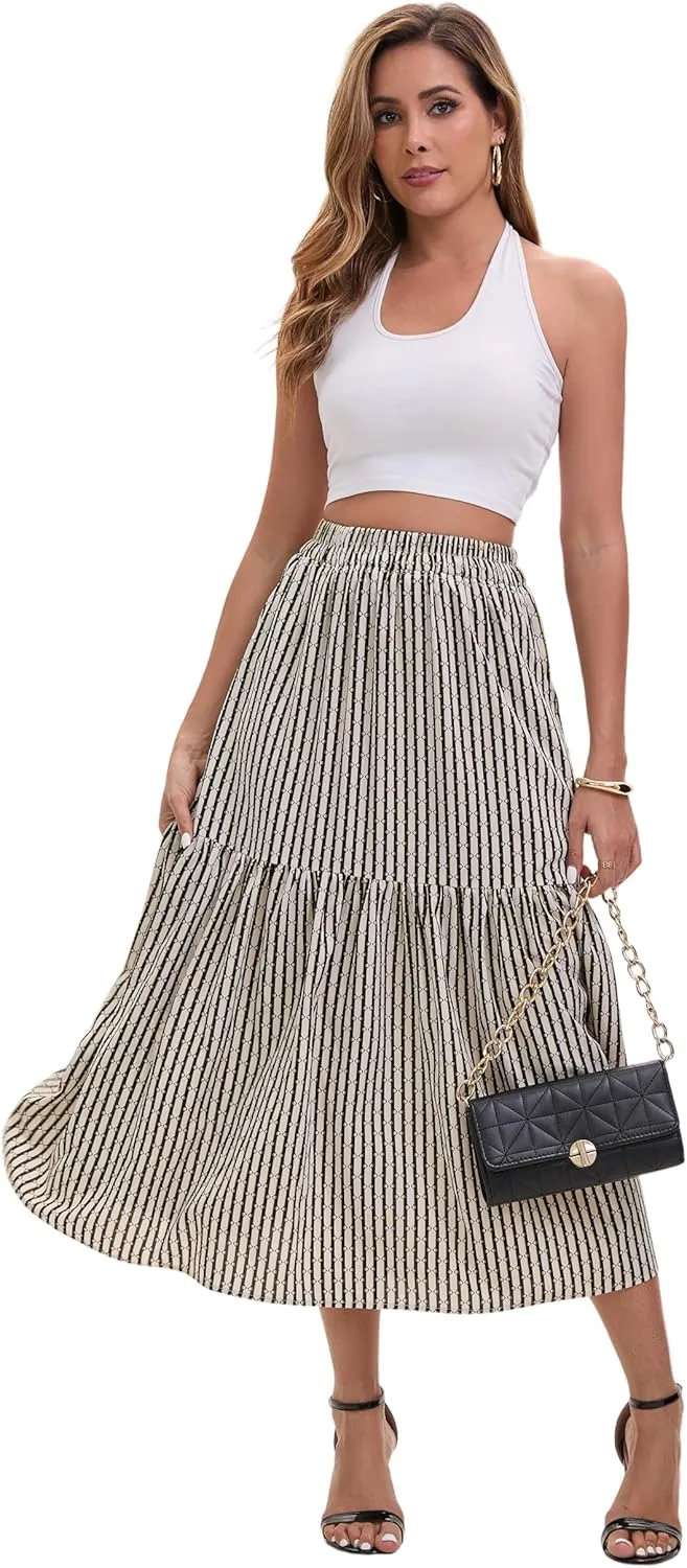 Women's Elastic Waist Skirt Spring Summer Autumn Striped Plaid Skirt Pleated MIDI Skirt
