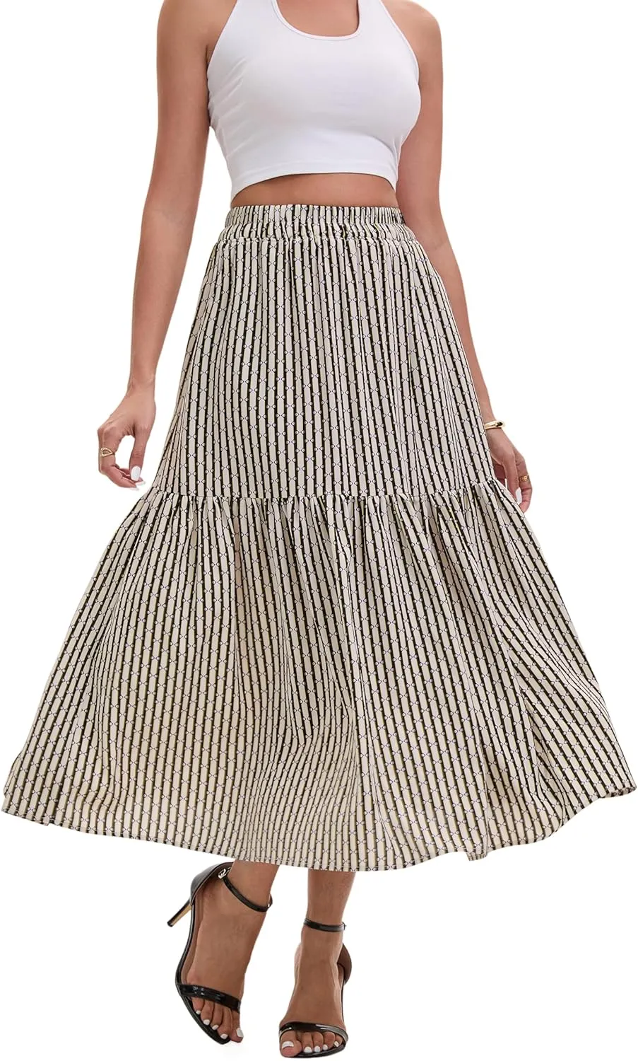 Women's Elastic Waist Skirt Spring Summer Autumn Striped Plaid Skirt Pleated MIDI Skirt