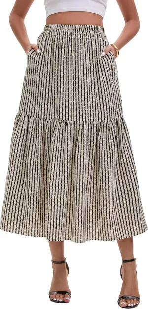 Women's Elastic Waist Skirt Spring Summer Autumn Striped Plaid Skirt Pleated MIDI Skirt