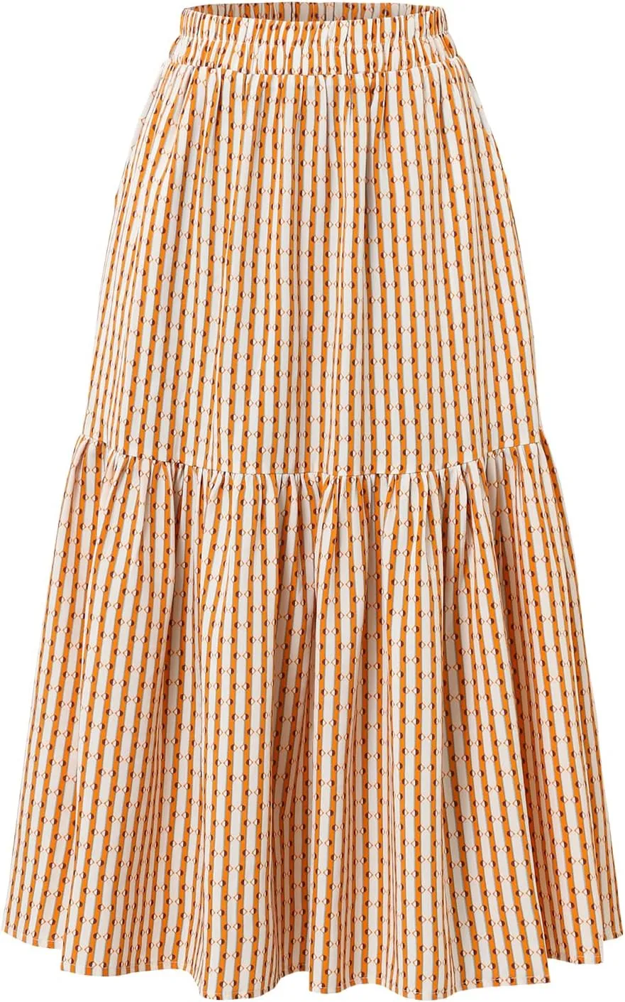 Women's Elastic Waist Skirt Spring Summer Autumn Striped Plaid Skirt Pleated MIDI Skirt